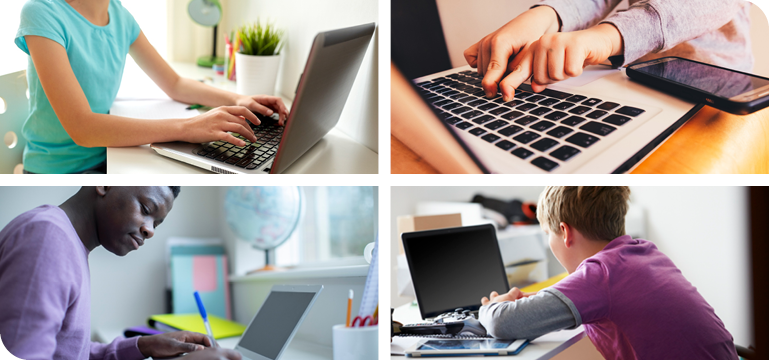 Various perspectives of people working or learning on their laptops in a classroom setting