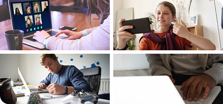 A collage showing people participating in a video call, live streaming, working on a laptop while taking notes, and typing on a keyboard.
