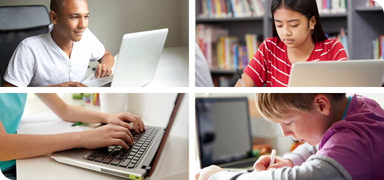A collage showing people using laptops in various settings