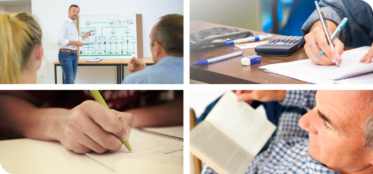 A grid of 4 photos showing a person teaching an adult learner in a classroom, a desk with pens and a calculator, a close-up of someone's hand while writing with a yellow pen, and a close-up of an open book being read by someone