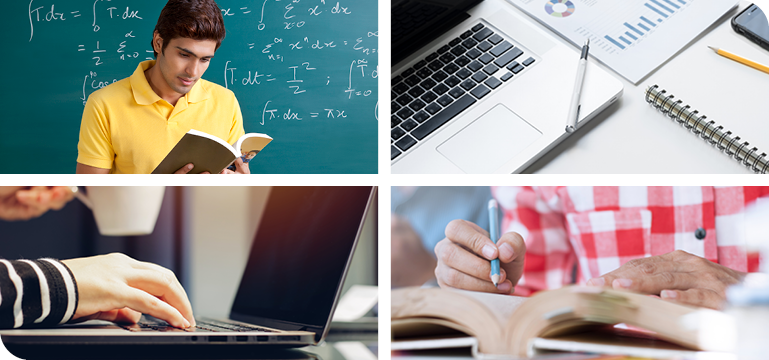 4 photos showing a person in a yellow top reading a book in front of a blackboard that has mathematical formulae written ont it, a laptop, another laptop with someone typing, and an open book in front of someone writing