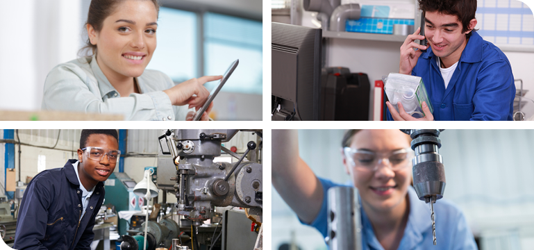 A collage showing a woman using a tablet, a man on a phone holding a product, a man working with machinery, and a woman operating a drill press.
