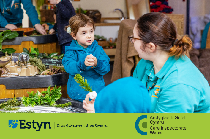 Plentyn ac oedolyn yn cymryd rhan mewn gweithgaredd dysgu sy’n seiliedig ar natur mewn lleoliad blynyddoedd cynnar.
